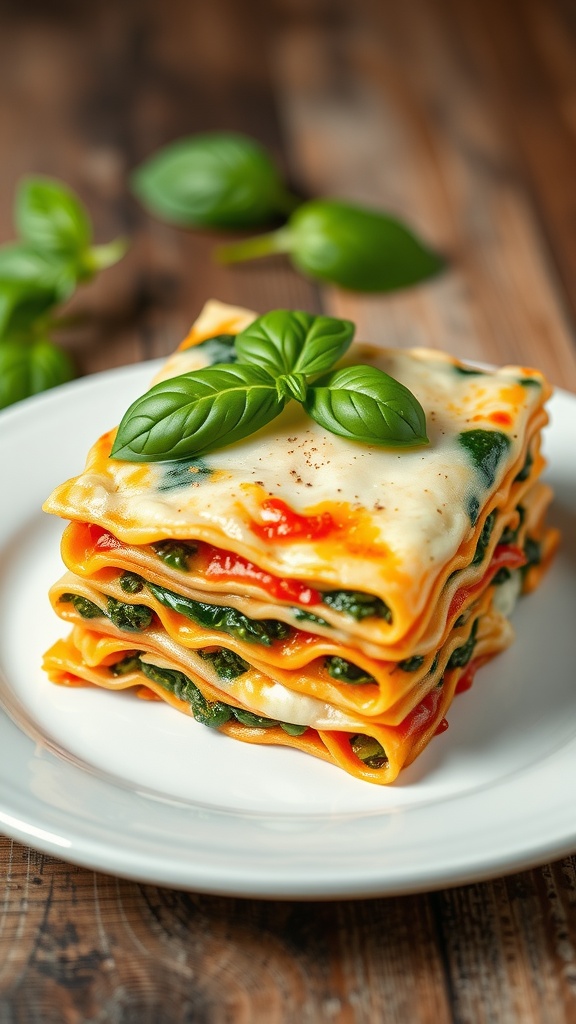 A slice of healthy spinach and turkey lasagna on a plate, showcasing layers of noodles, spinach, turkey, and melted cheese, with a rustic wooden background.